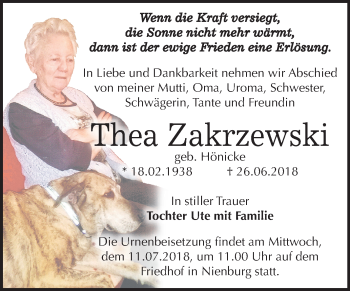 Traueranzeige von Thea Zakrzewski von Mitteldeutsche Zeitung Bernburg