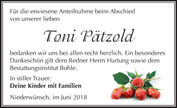 Traueranzeige von Toni Pätzold von Mitteldeutsche Zeitung Merseburg/Querfurt