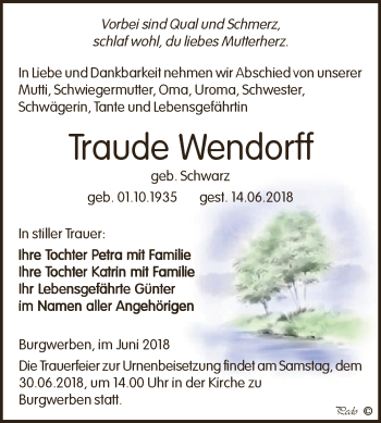 Traueranzeige von Traude Wendorff von WVG - Wochenspiegel NMB / WSF / ZTZ
