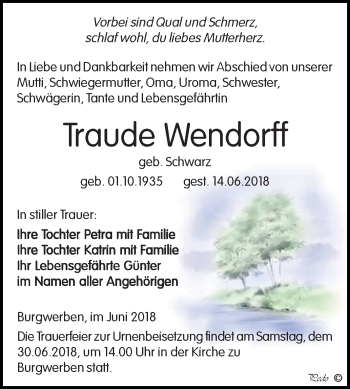 Traueranzeige von Traude Wendorff von Mitteldeutsche Zeitung Weißenfels
