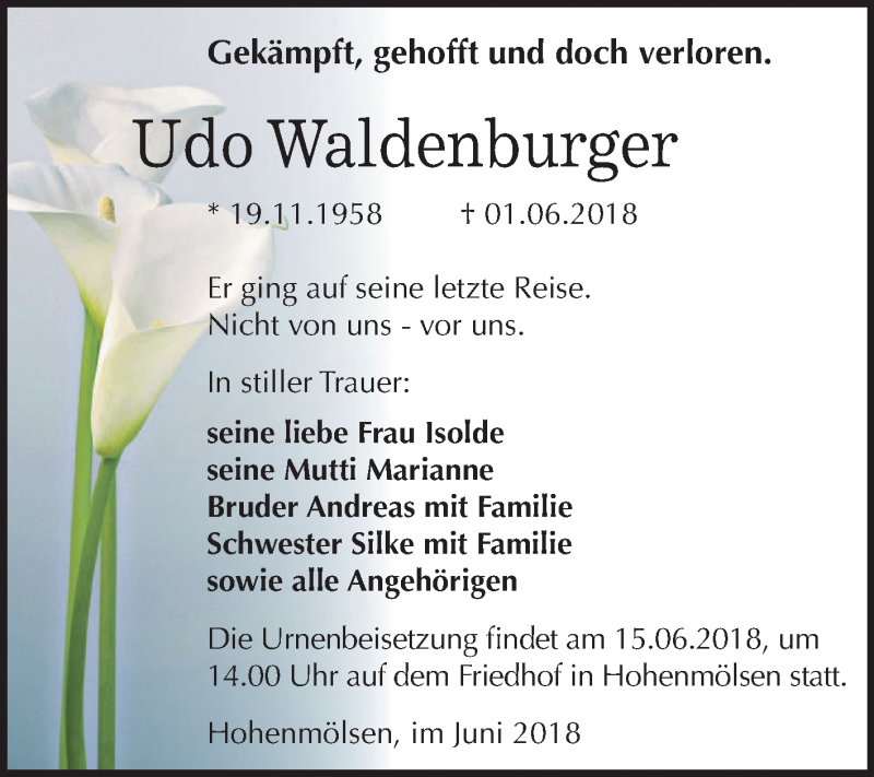 Traueranzeige für Udo Waldenburger vom 09.06.2018 aus Mitteldeutsche Zeitung Weißenfels