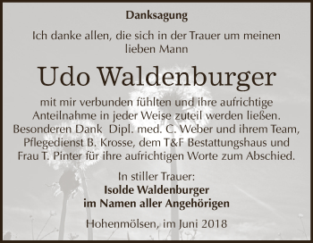 Traueranzeige von Udo Waldenburger von WVG - Wochenspiegel NMB / WSF / ZTZ