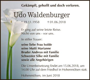 Traueranzeige von Udo Waldenburger von WVG - Wochenspiegel NMB / WSF / ZTZ
