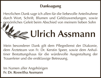 Traueranzeige von Ulrich Assmann von WVG - Wochenspiegel Dessau / Köthen