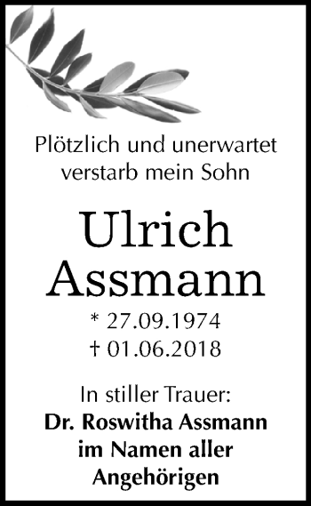Traueranzeige von Ulrich Assmann von Mitteldeutsche Zeitung Dessau-Roßlau