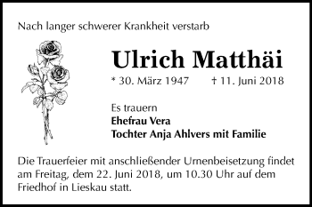 Traueranzeige von Ulrich Matthäi von Mitteldeutsche Zeitung Halle/Saalkreis