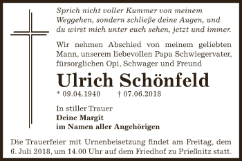 Traueranzeige von Ulrich Schönfeld von WVG - Wochenspiegel NMB / WSF / ZTZ