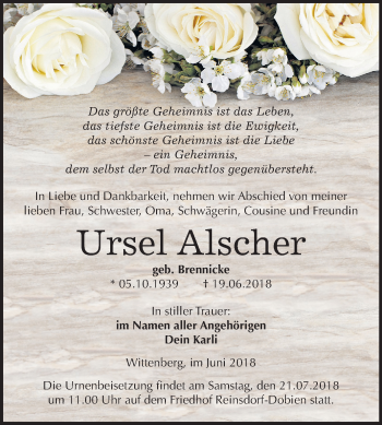 Traueranzeige von Ursel Alscher von Mitteldeutsche Zeitung