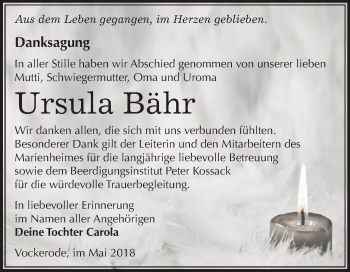 Traueranzeige von Ursula Bähr von Mitteldeutsche Zeitung Dessau-Roßlau