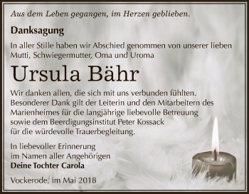 Traueranzeige von Ursula Bähr von Super Sonntag Dessau / Köthen