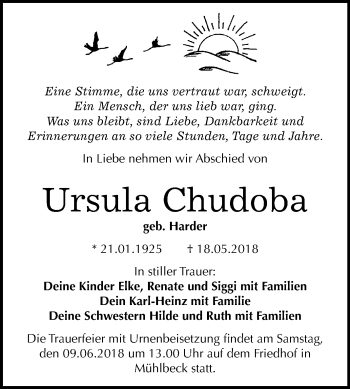 Traueranzeige von Ursula Chudoba von Mitteldeutsche Zeitung Bitterfeld