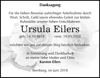Traueranzeige von Ursula Eilers von Mitteldeutsche Zeitung Bernburg