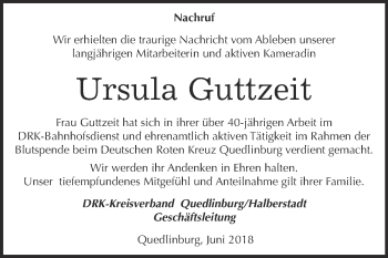 Traueranzeige von Ursula Guttzeit von Super Sonntag Quedlinburg