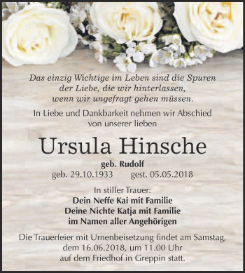 Traueranzeige von Ursula Hinsche von WVG - Wochenspiegel Bitterfeld