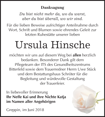 Traueranzeige von Ursula Hinsche von Mitteldeutsche Zeitung Bitterfeld