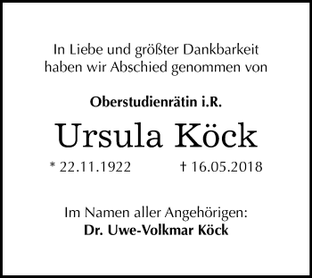 Traueranzeige von Ursula Köck von Mitteldeutsche Zeitung