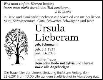 Traueranzeige von Ursula Lieberam von Mitteldeutsche Zeitung Merseburg/Querfurt