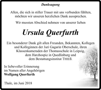 Traueranzeige von Ursula Querfurth von Mitteldeutsche Zeitung Quedlinburg