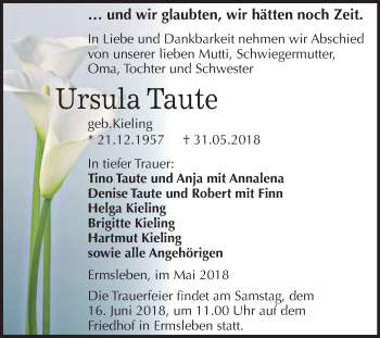 Traueranzeige von Ursula Taute von Mitteldeutsche Zeitung Quedlinburg
