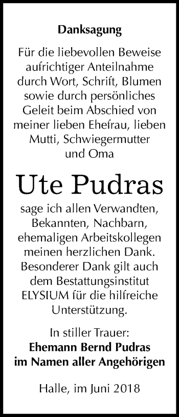 Traueranzeige von Ute Pudras von Mitteldeutsche Zeitung Halle/Saalkreis