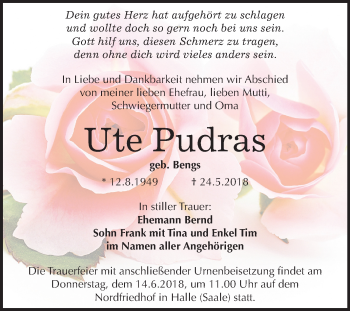Traueranzeige von Ute Pudras von Mitteldeutsche Zeitung Halle/Saalkreis