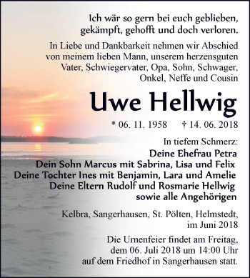 Traueranzeige von Uwe Hellwig von Super Sonntag SGH Mansf. Land