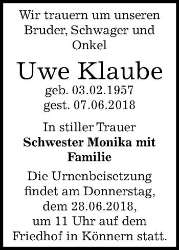 Traueranzeige von Uwe Klaube von Mitteldeutsche Zeitung