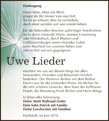 Traueranzeige von Uwe Lieder von WVG - Wochenspiegel SGH