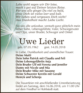 Traueranzeige von Uwe Lieder von WVG - Wochenspiegel SGH