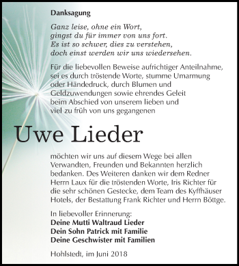 Traueranzeige von Uwe Lieder von Mitteldeutsche Zeitung Sangerhausen