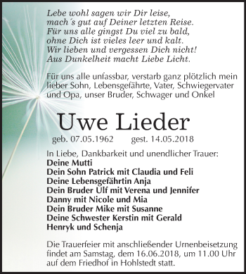 Traueranzeige von Uwe Lieder von Mitteldeutsche Zeitung Sangerhausen