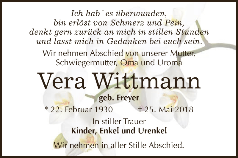  Traueranzeige für Vera Wittmann vom 02.06.2018 aus Super Sonntag Zeitz