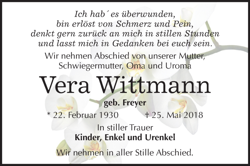  Traueranzeige für Vera Wittmann vom 02.06.2018 aus Mitteldeutsche Zeitung