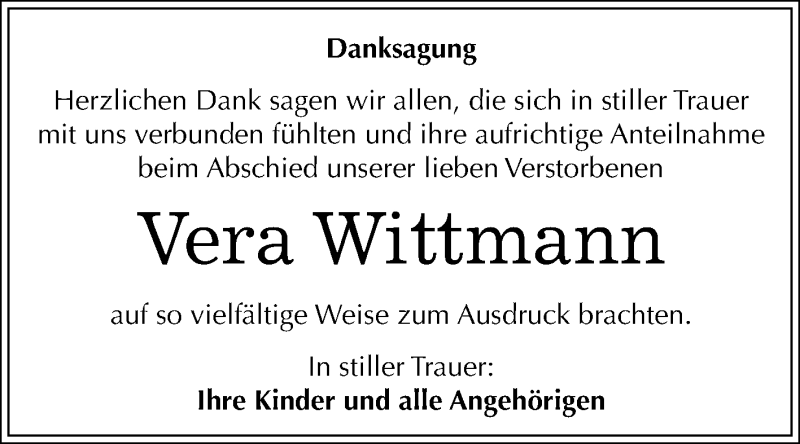  Traueranzeige für Vera Wittmann vom 30.06.2018 aus Mitteldeutsche Zeitung