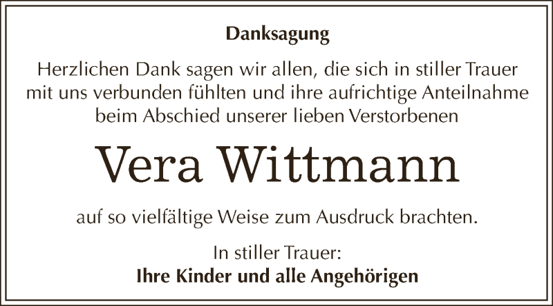  Traueranzeige für Vera Wittmann vom 30.06.2018 aus Super Sonntag Zeitz