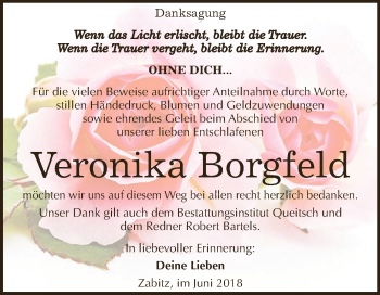 Traueranzeige von Veronika Borgfeld von WVG - Wochenspiegel Dessau / Köthen
