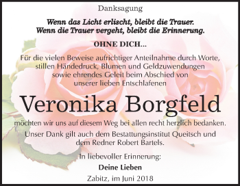 Traueranzeige von Veronika Borgfeld von Mitteldeutsche Zeitung Köthen