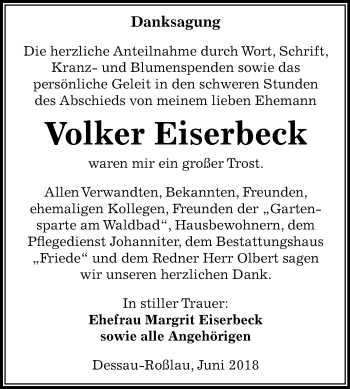 Traueranzeige von Volker Eiserbeck von Mitteldeutsche Zeitung Dessau-Roßlau