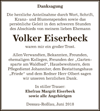 Traueranzeige von Volker Eiserbeck von WVG - Wochenspiegel Dessau / Köthen
