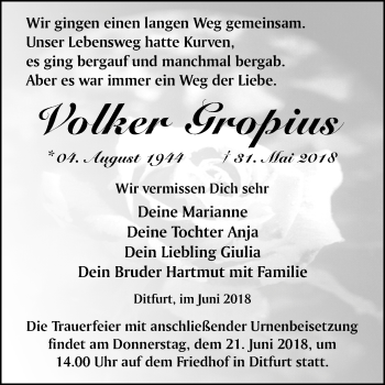 Traueranzeige von Volker Gropius von Mitteldeutsche Zeitung Quedlinburg