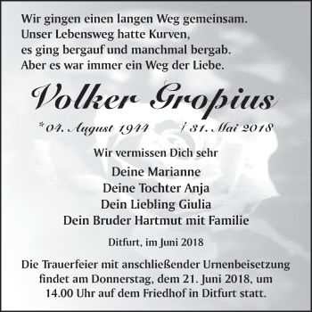 Traueranzeige von Volker Gropius von WVG - Wochenspiegel Quedlinburg