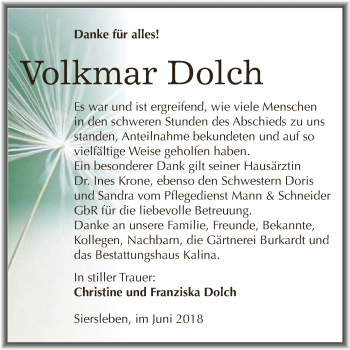 Traueranzeige von Volkmar Dolch von Super Sonntag SGH Mansf. Land