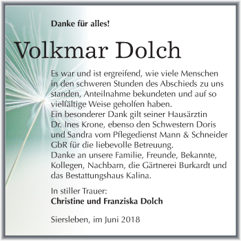 Traueranzeige von Volkmar Dolch von Mitteldeutsche Zeitung