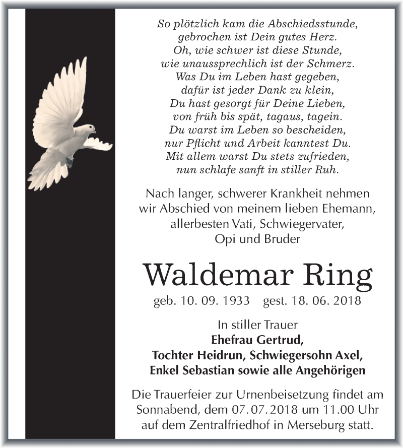 Traueranzeige für Waldemar Ring vom 30.06.2018 aus Mitteldeutsche Zeitung