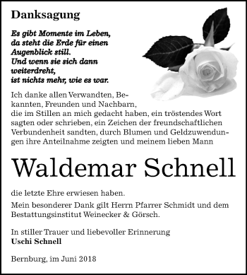 Traueranzeige von Waldemar Schnell von Mitteldeutsche Zeitung Bernburg