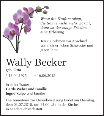 Traueranzeige von Wally Becker von Mitteldeutsche Zeitung Merseburg/Querfurt