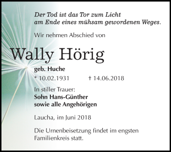 Traueranzeige von Wally Hörig von Mitteldeutsche Zeitung