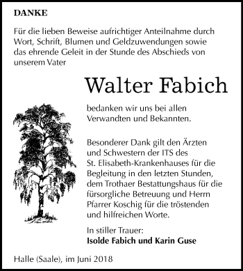 Traueranzeige von Walter Fabich von Mitteldeutsche Zeitung Halle/Saalkreis