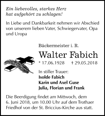 Traueranzeige von Walter Fabich von Mitteldeutsche Zeitung Halle/Saalkreis