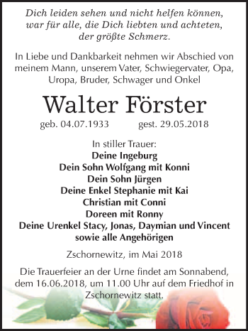 Traueranzeige von Walter Förster von WVG - Wochenspiegel Wittenberg
